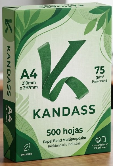 Caja KANDASS papel bond multipropósito A4 sobre un escritorio